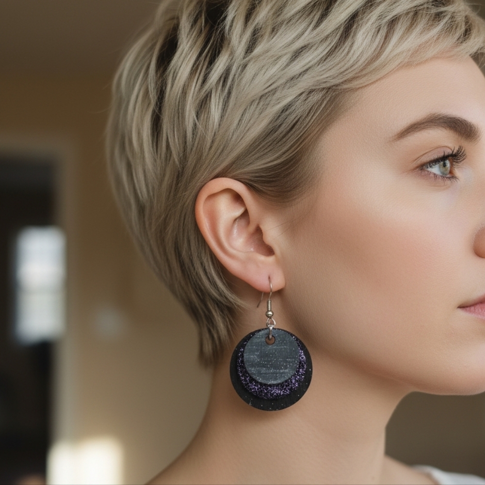 ARTISAN & HANDCRAFTED 1" Wood Circle Layered Dangle Pierced Earrings HANDPAINTED